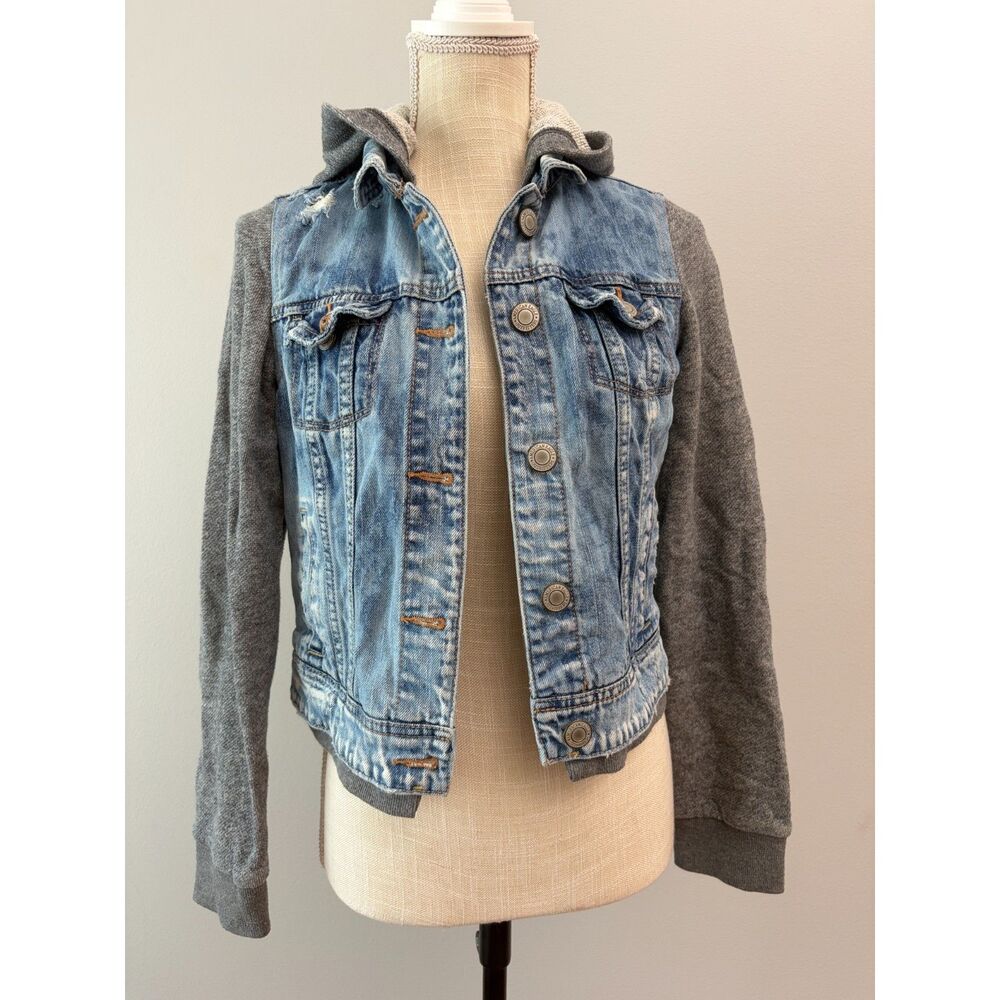 Y2K American Eagle Trucker Jacket Mixed Media Knit Sleeve Hooded Denim Small  De